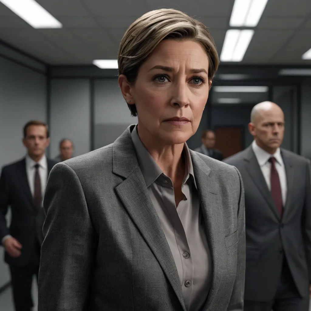 a woman in a suit and tie standing in a room with other people in suits and ties behind her, de stijl, a hologram, Barbara Greg, promotional image