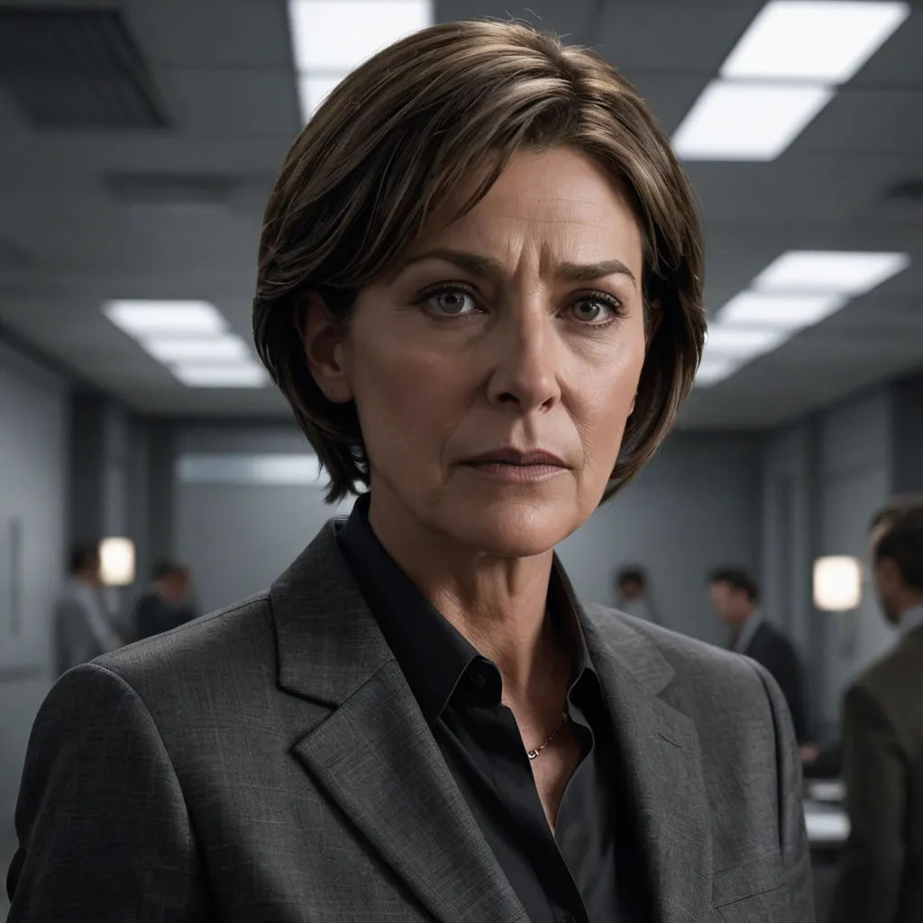 a woman in a suit looks at the camera in a room full of people in suits and suits,, de stijl, a character portrait, Alison Debenham, promotional image