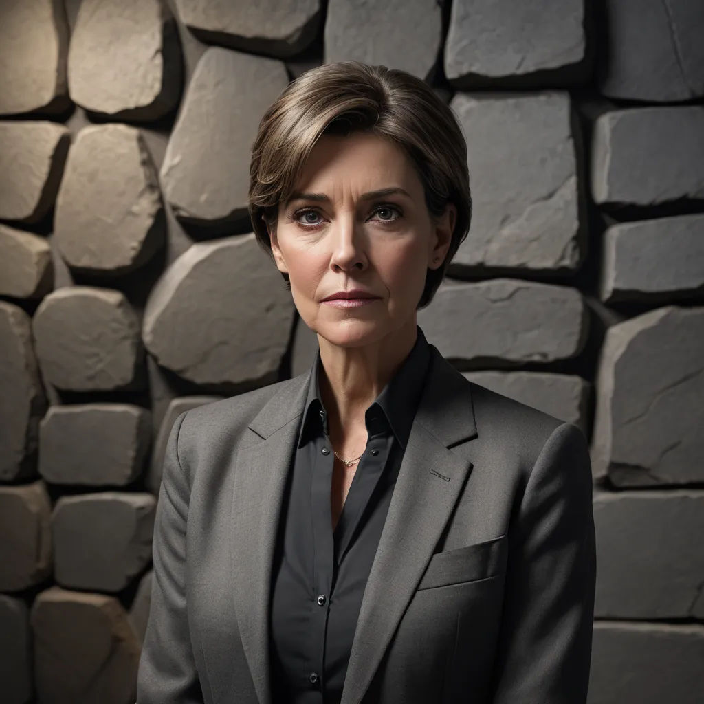 a woman in a suit standing in front of a wall of rocks and stone blocks, looking at the camera, serial art, a character portrait, Brigid Derham, promotional image