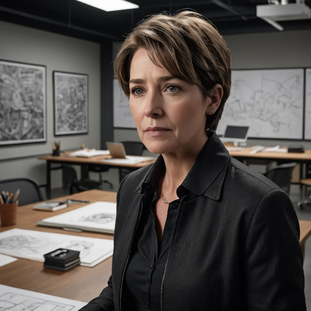 a woman in a black shirt is sitting at a desk with drawings on it and a laptop on the table, serial art, a character portrait, Constance-Anne Parker, promotional image