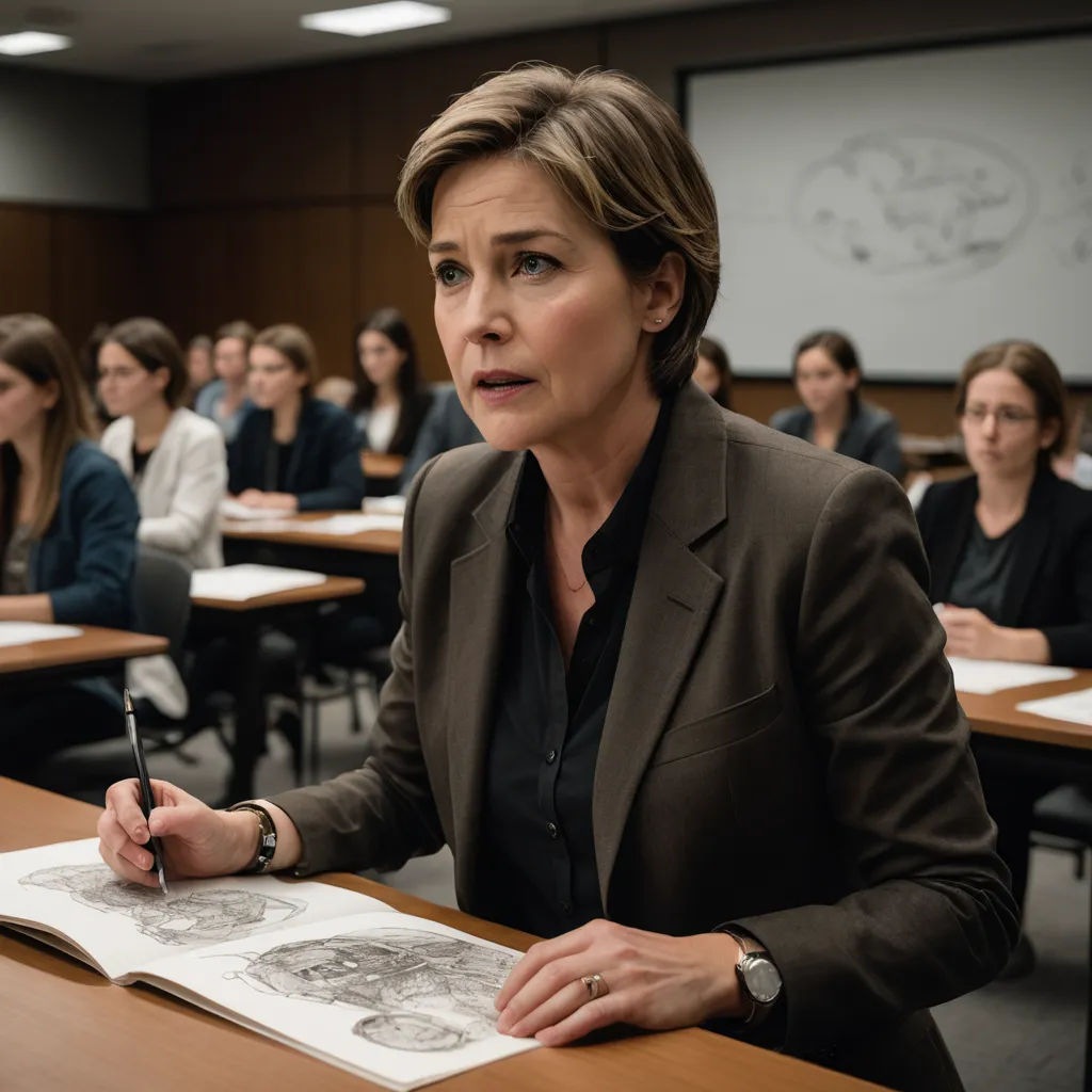 a woman sitting at a table with a book in front of her and a pen in her hand in front of a class room full of people, institutional critique, a photocopy, Barbara Greg, promotional image