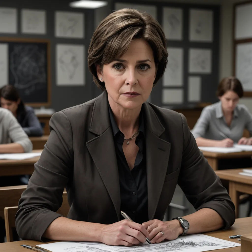 a woman sitting at a desk with a pen in her hand and a notebook in her other hand, in front of a classroom full of people, art informel, a character portrait, Adrienn Henczné Deák, promotional image
