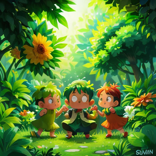a group of kids standing in the middle of a forest with a sunflower in the background and a sunflower in the foreground