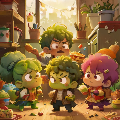 a group of cartoon characters standing in a kitchen together, with a person holding a knife and a potted plant