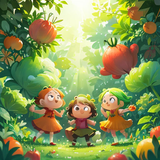 a group of children in a forest with a sun shining through the trees and vegetables on the ground,