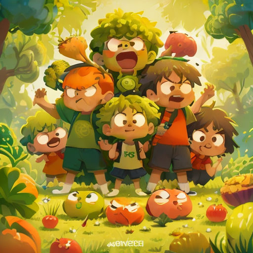 a group of kids standing in the middle of a forest with pumpkins and apples on the ground and a man standing behind them