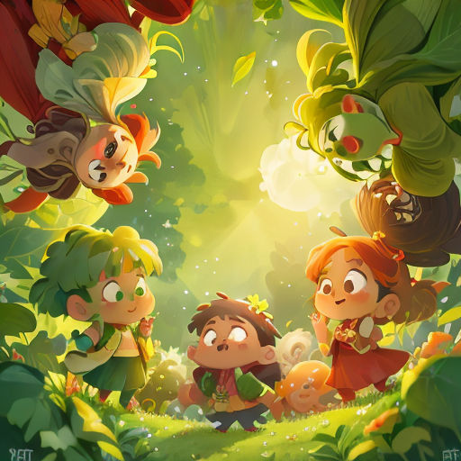 a group of cartoon characters standing in a forest with a green background and a light shining through the trees