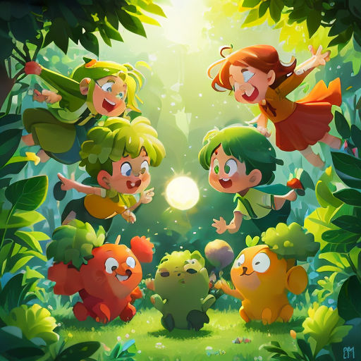 a group of kids in the jungle with a green background and a sun shining through the trees and leaves