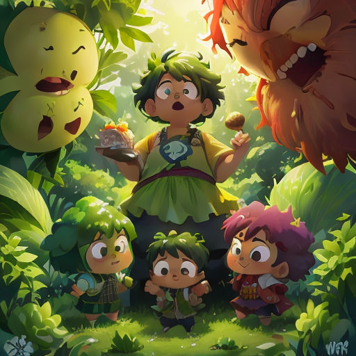 a group of cartoon characters standing in a forest with a monster behind them and a girl holding a plate