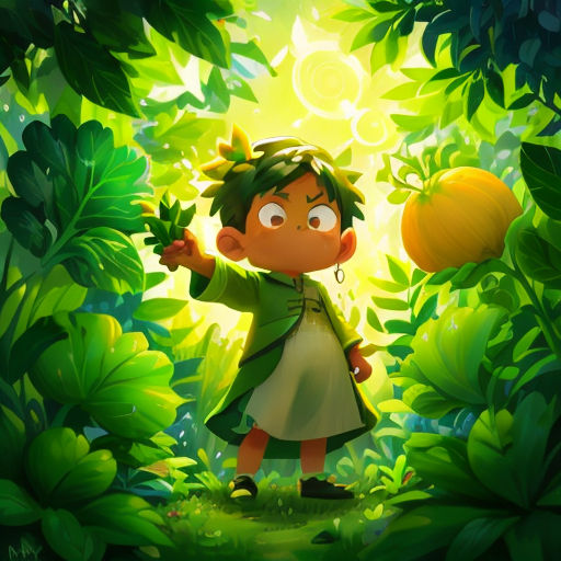 a little girl in a green dress holding a orange in a jungle with leaves and sun shining through the trees