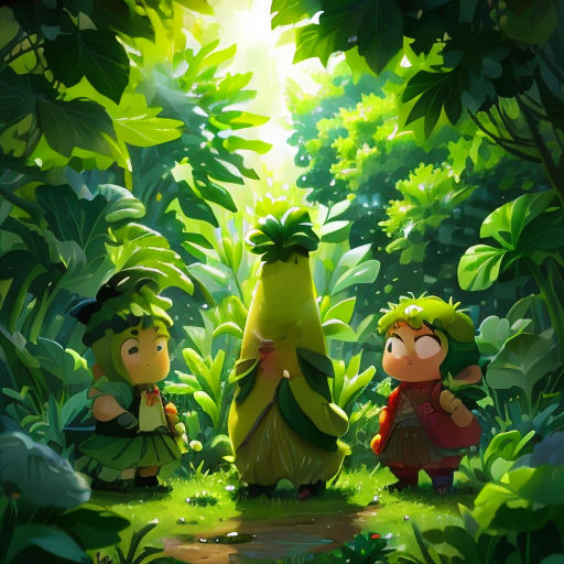 a group of cartoon characters standing in a forest with trees and plants around them, with a bright light coming through the trees