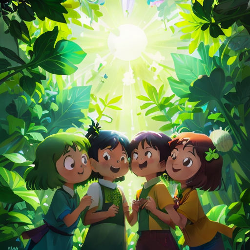 a group of children standing in the middle of a forest with the sun shining through the leaves on the trees