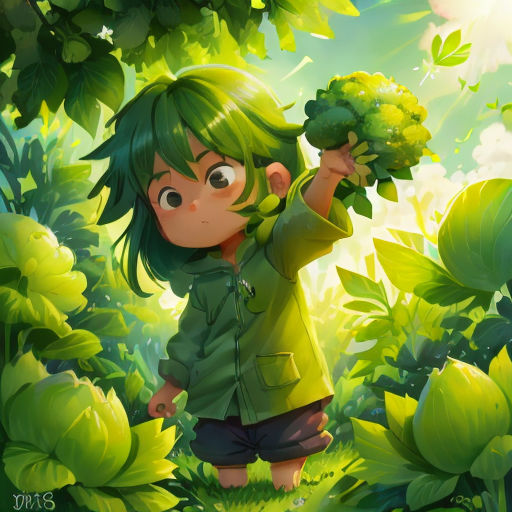 a girl holding a bunch of broccoli in her hand in a forest with green leaves and a sky background
