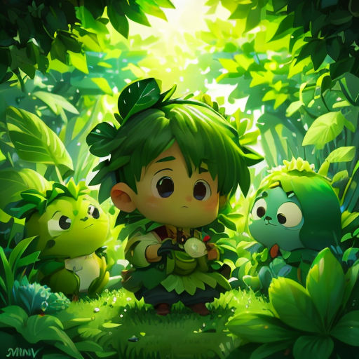 a cartoon character surrounded by plants and plants in the woods with a green background and a little girl sitting on the ground