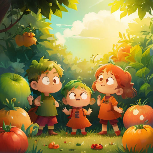 a group of children standing in the middle of a forest with pumpkins on the ground and a sky background