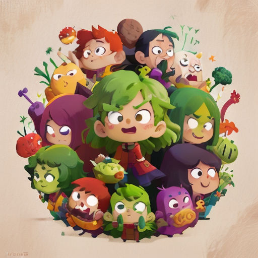 a bunch of cartoon characters are grouped together in a circle together in a cartoon style, with a background of plants and plants