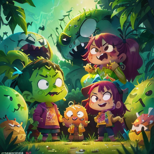 a group of cartoon characters standing in a forest with plants and plants around them, with a green background