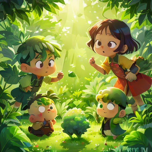 a group of children in the jungle with a light shining through the trees behind them and a green background