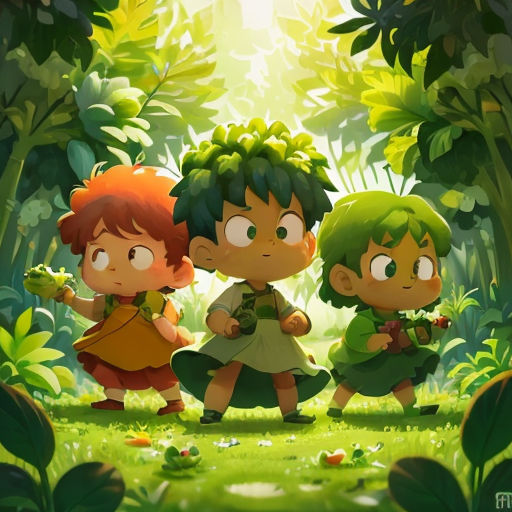 three children in a jungle with green leaves and plants around them, one of them is holding a frog