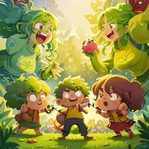 a group of cartoon characters standing in a forest with a green monster behind them and a girl holding a red apple