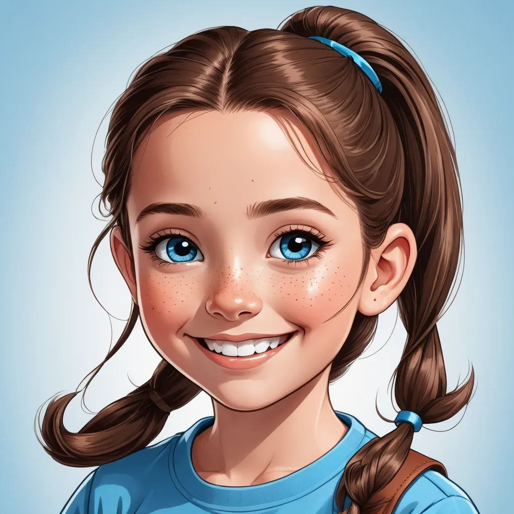 a cartoon girl with a ponytail and blue eyes smiles at the camera with a blue background and a blue background, photorealism, a character portrait, Artgerm, cgstudio