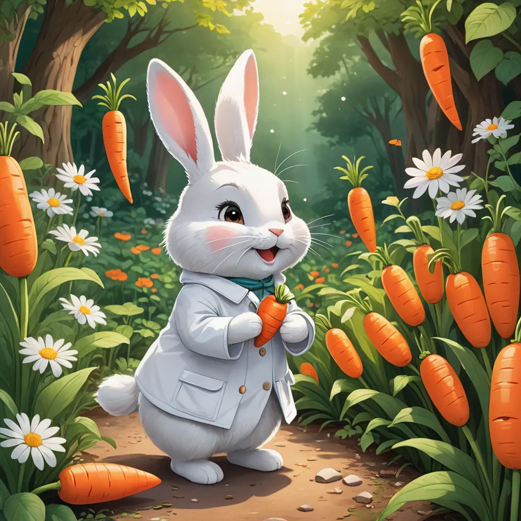 a rabbit is standing in the middle of a field of carrots and daisies with a carrot in its hand, furry art, an ultrafine detailed painting, Beatrix Potter, official art