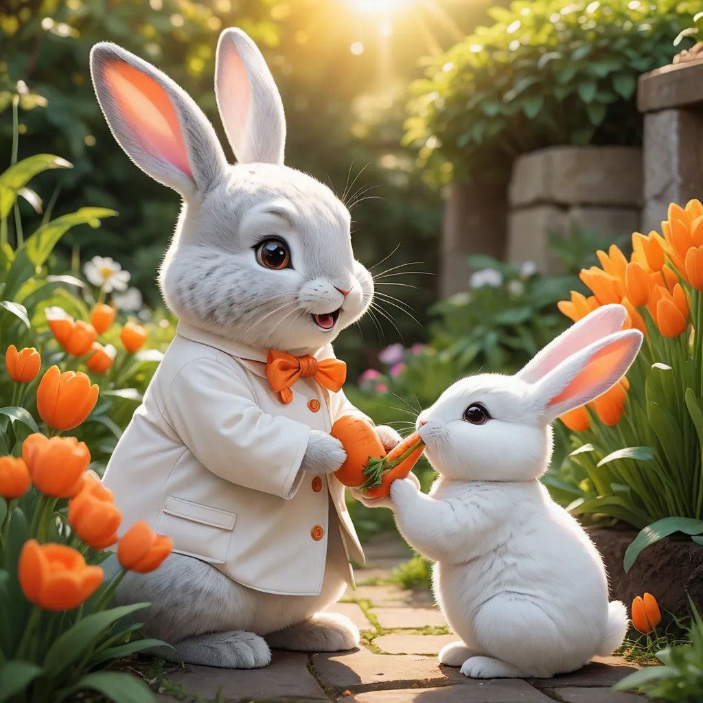 a white rabbit and a white rabbit in a garden with orange flowers and tulips, one of which is holding a carrot, furry art, a stock photo, Beatrix Potter, rossdraws global illumination