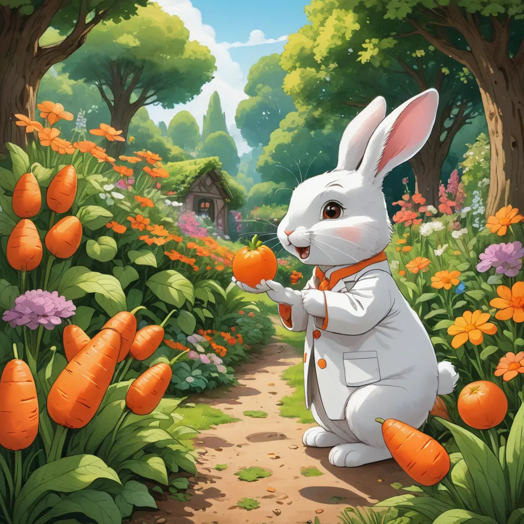 a rabbit is holding a carrot in a garden with flowers and trees in the background, and a house in the distance, fantasy art, a storybook illustration, Chris LaBrooy, official art
