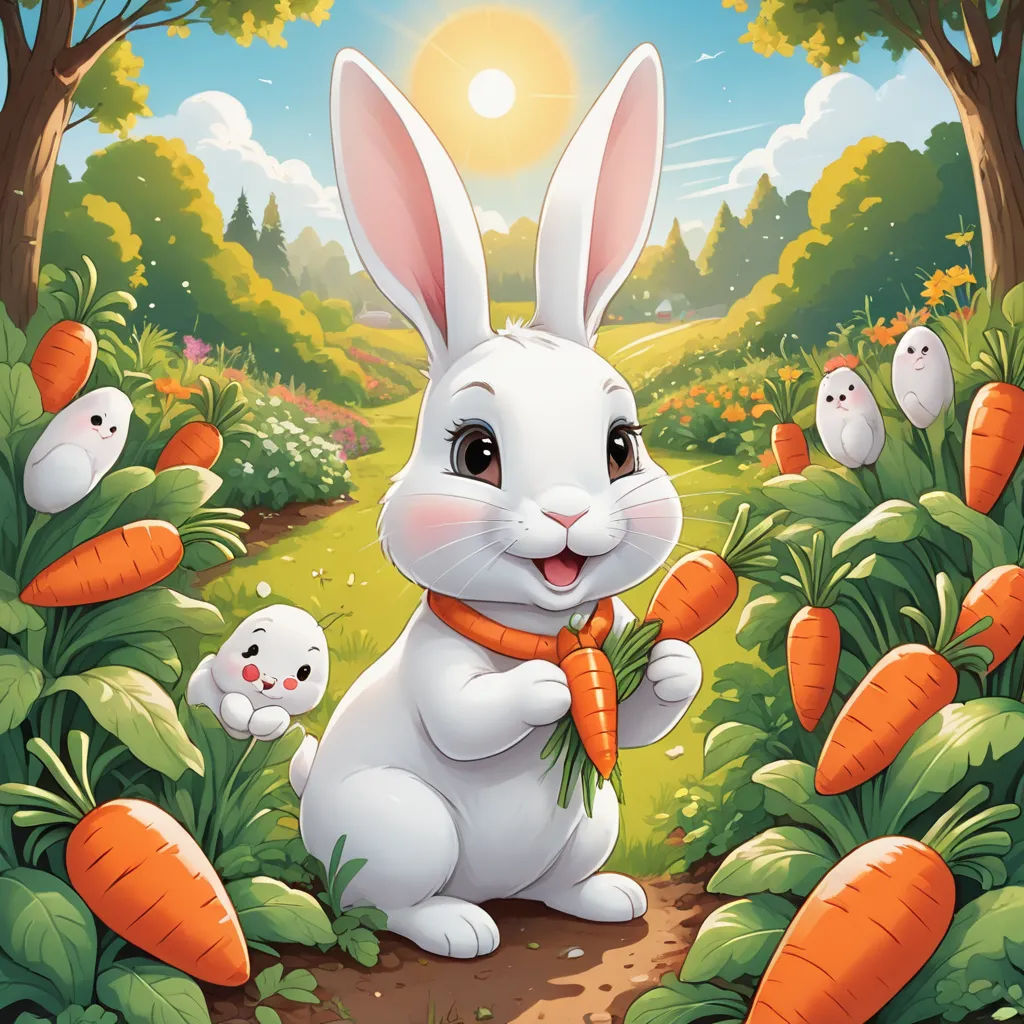 a rabbit holding a carrot in a field of carrots with other rabbits in the background, with a sun in the sky, furry art, a storybook illustration, Beatrix Potter, official art