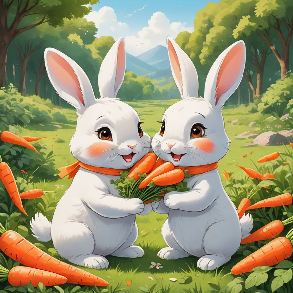 two rabbits are holding carrots in a field of grass and trees, with a mountain in the background, furry art, a storybook illustration, Fan Qi, trending on art station