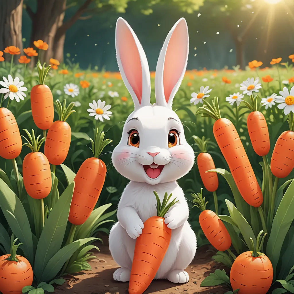 a rabbit sitting in a field of carrots with daisies in the background and a sunbeam in the foreground, furry art, a stock photo, Beatrix Potter, behance hd