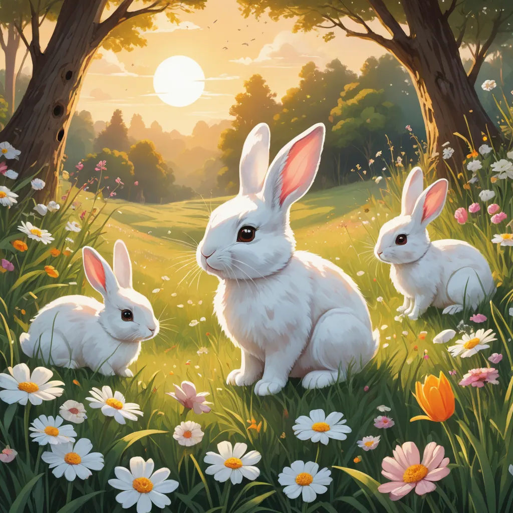 a painting of two rabbits in a field of flowers and trees with the sun in the background and a forest with flowers, furry art, a detailed painting, Chris LaBrooy, official art