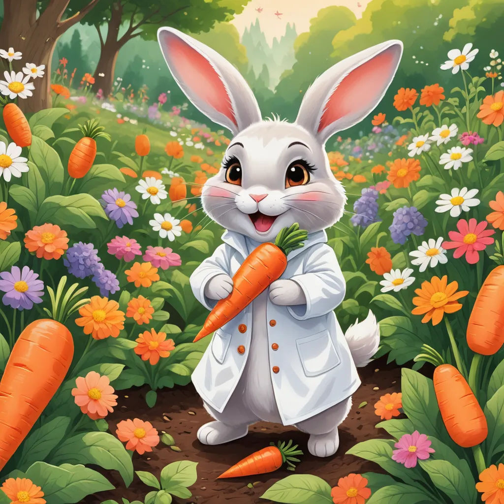 a rabbit holding a carrot in a field of flowers and grass with a forest in the background and a forest in the background, furry art, a storybook illustration, Beatrix Potter, official art