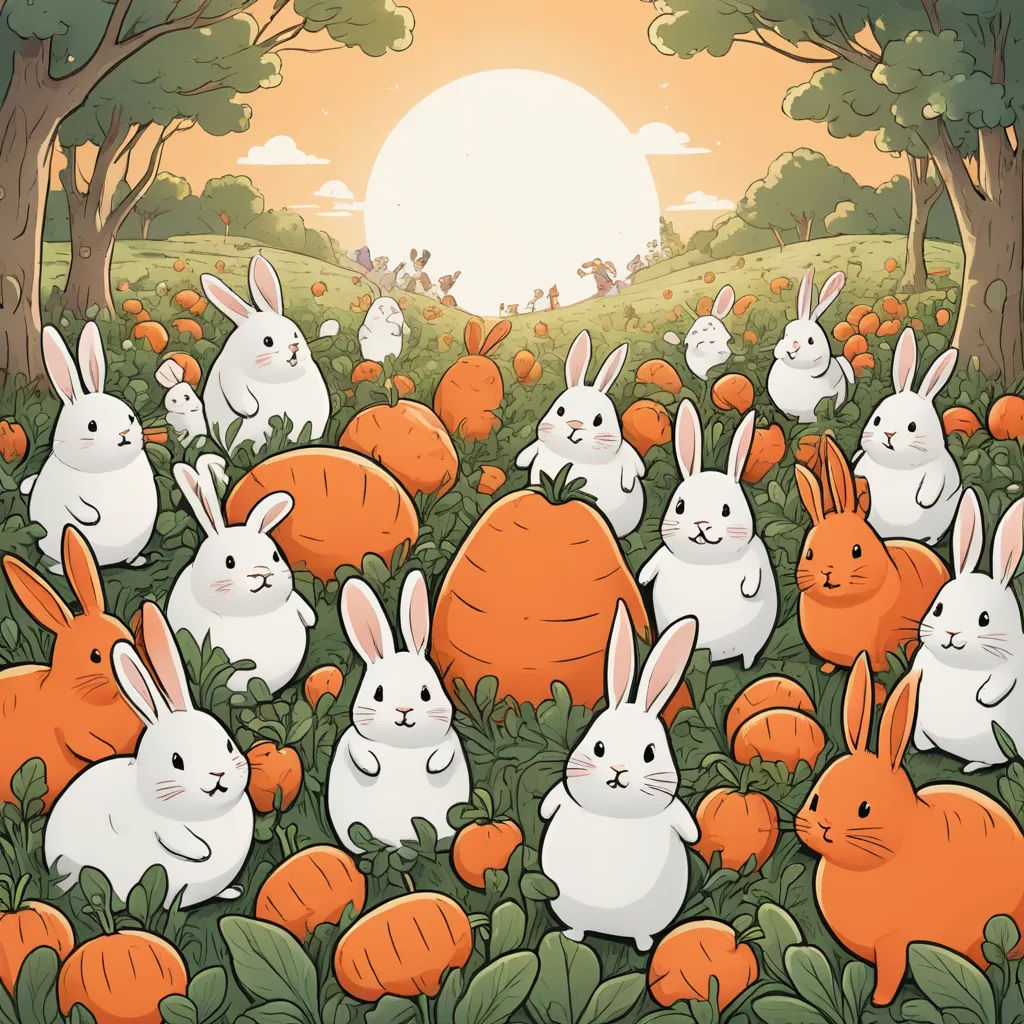 a group of rabbits in a field of carrots with a sun in the background and a forest of trees, pop surrealism, a storybook illustration, David Martin, rossdraws global illumination