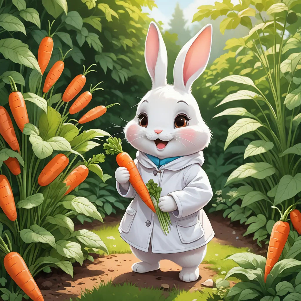 a rabbit dressed in a white coat holding a carrot in a garden with lots of green plants and bushes, furry art, an ultrafine detailed painting, Beatrix Potter, official art