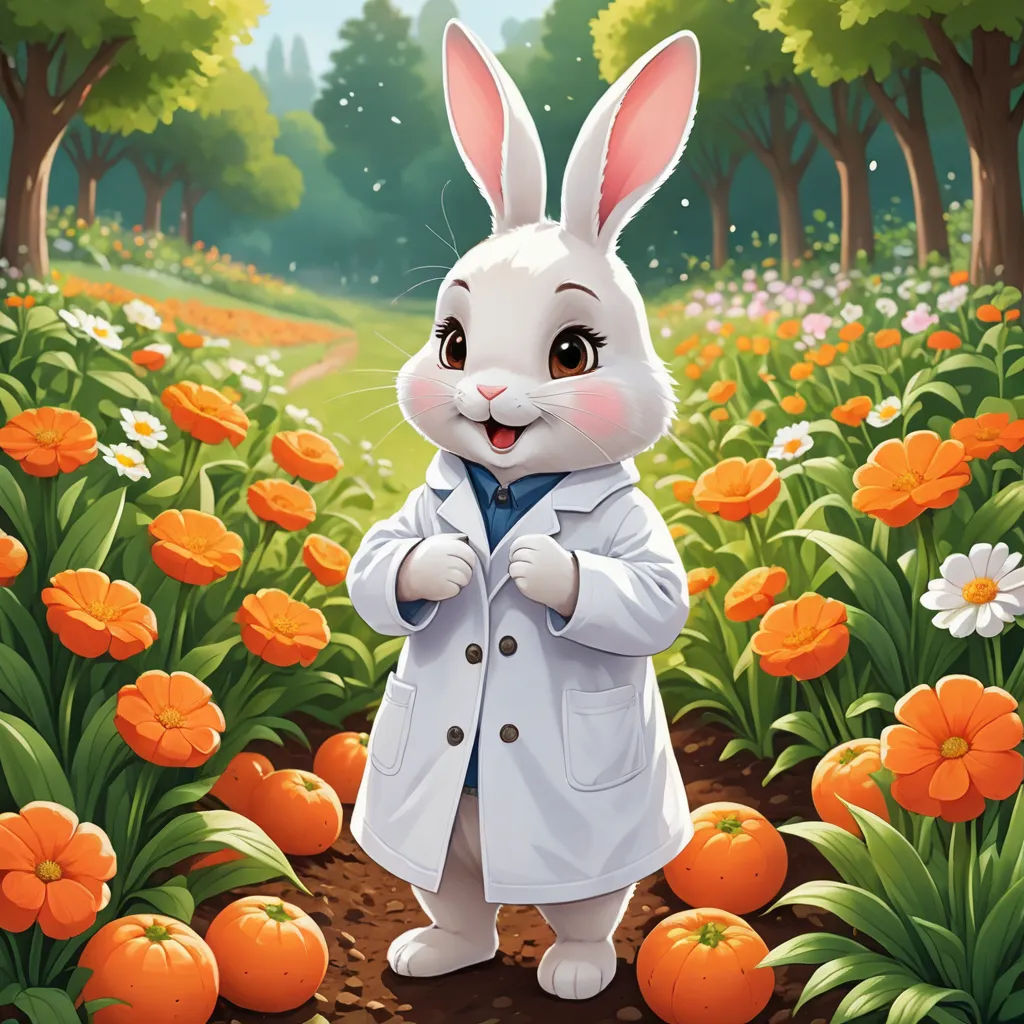 a rabbit in a field of flowers with a coat on and a carrot in the foreground, and a forest in the background, color field, a character portrait, Chen Lin, official art