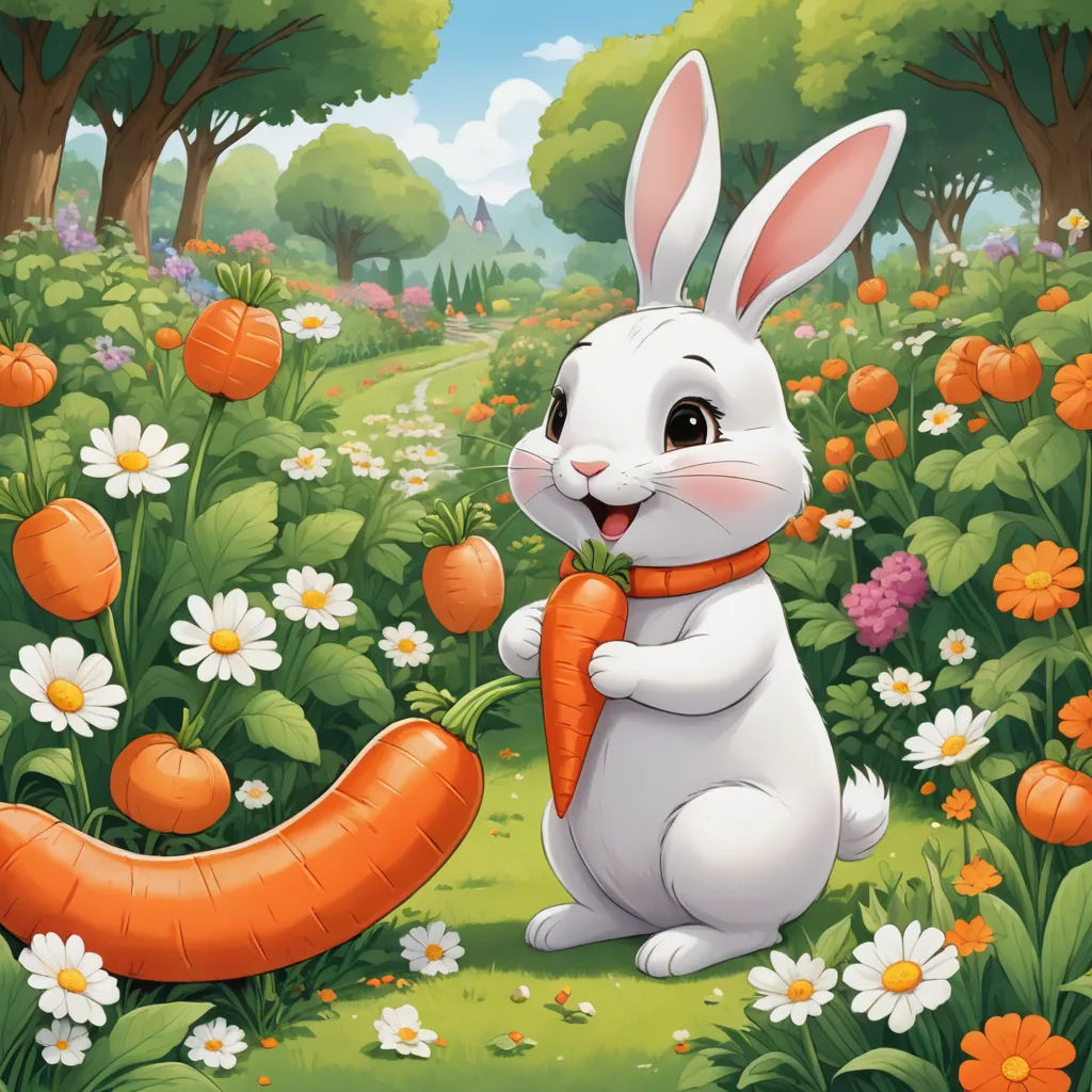 a rabbit holding a carrot in a field of flowers and grass with a path in the background that runs through the forest, furry art, a storybook illustration, Chris LaBrooy, official art