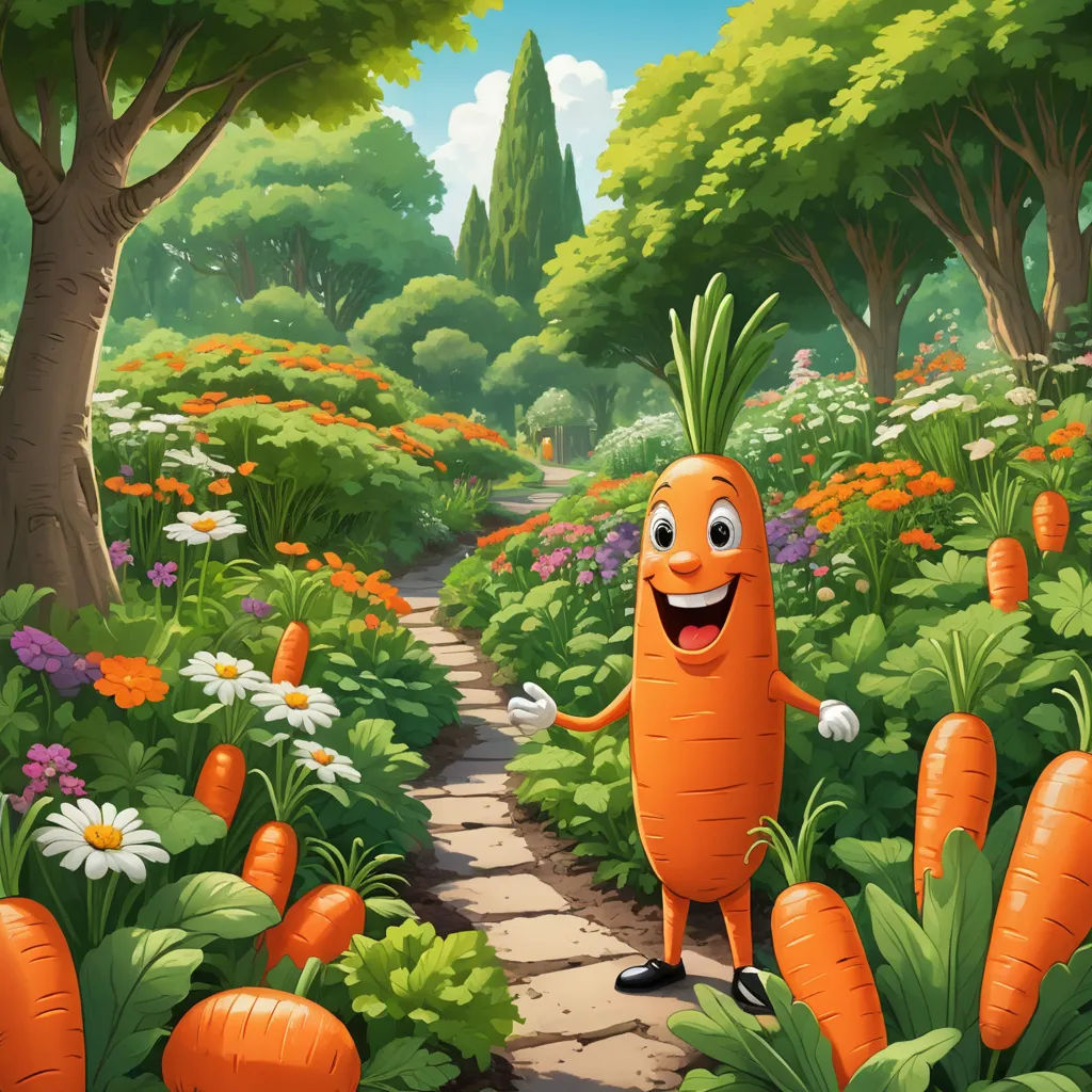 a carrot is standing in a garden with flowers and trees around it, and a path leading to the carrots, furry art, a storybook illustration, Chris LaBrooy, promotional image