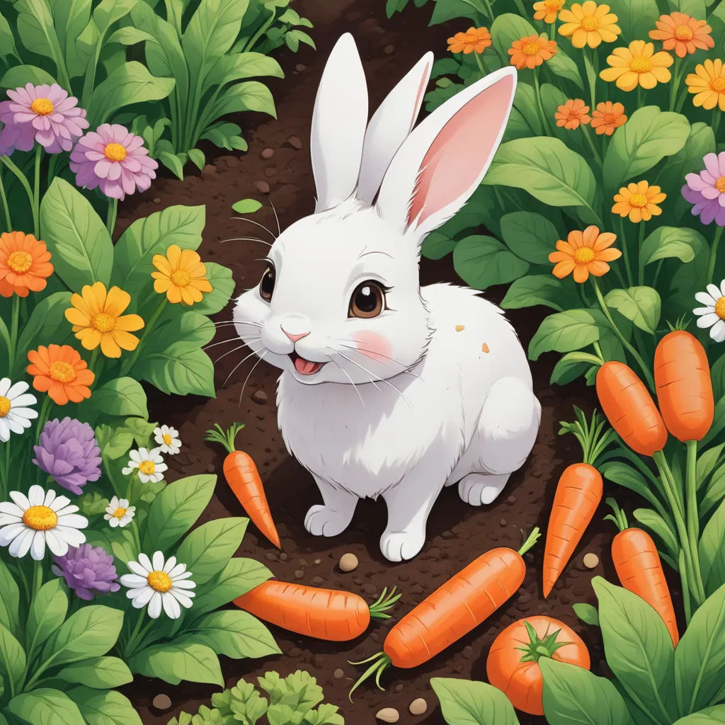 a white rabbit sitting in a garden with carrots and daisies around it, surrounded by flowers and leaves, furry art, a detailed painting, Beatrix Potter, rossdraws global illumination