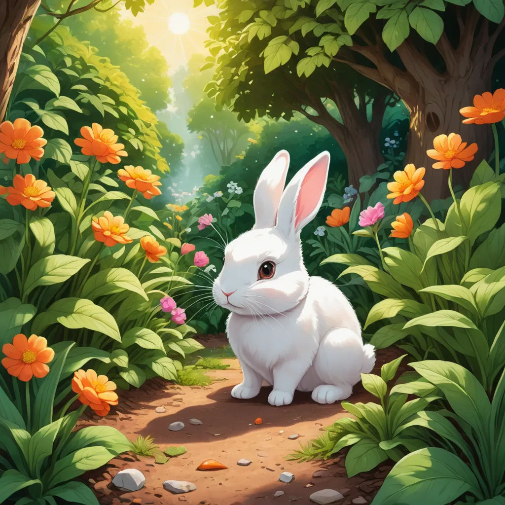 a white rabbit sitting in a forest with flowers and trees around it, looking at the camera with a smile, fantasy art, a storybook illustration, Chris LaBrooy, rossdraws global illumination