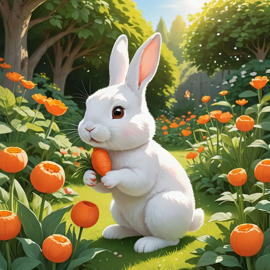 a white rabbit holding a carrot in a field of flowers and trees with orange flowers in the background,, altermodern, a digital painting, Chris LaBrooy, official art