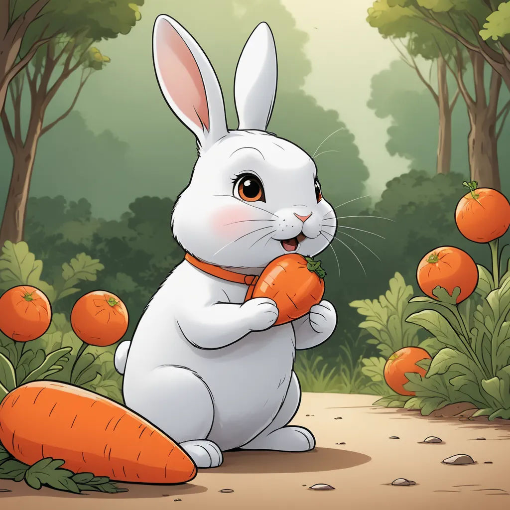 a white rabbit holding a carrot in a forest with oranges around it and trees in the background,, furry art, a storybook illustration, Beatrix Potter, orange