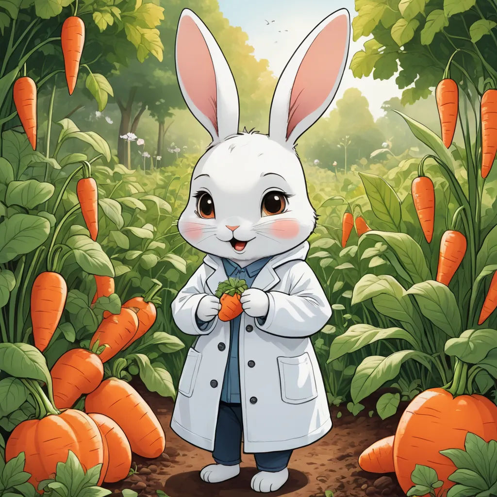 a rabbit in a white coat holding a carrot in a field of carrots with a forest in the background, furry art, a storybook illustration, Beatrix Potter, official art