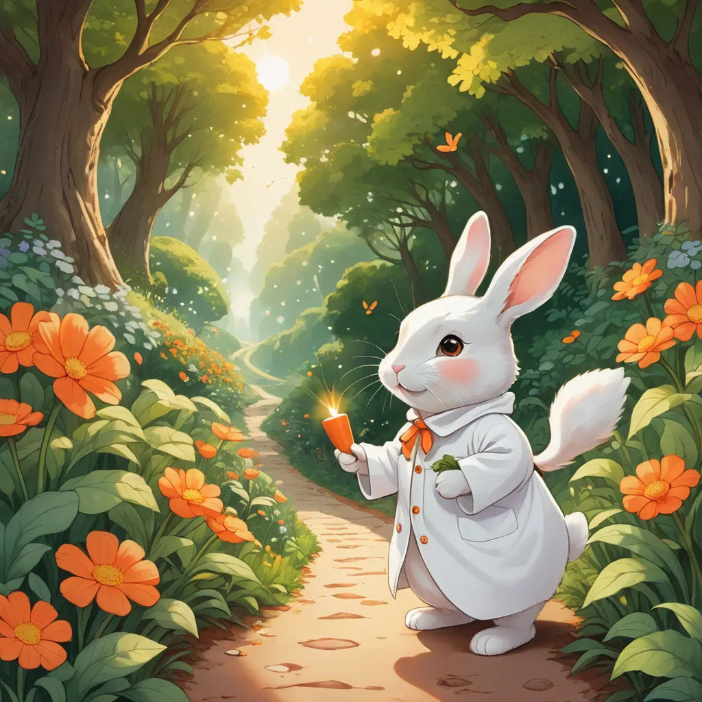 a rabbit in a white coat is holding a carrot in a forest with flowers and butterflies around it,, fantasy art, a storybook illustration, Chen Chun, rossdraws global illumination