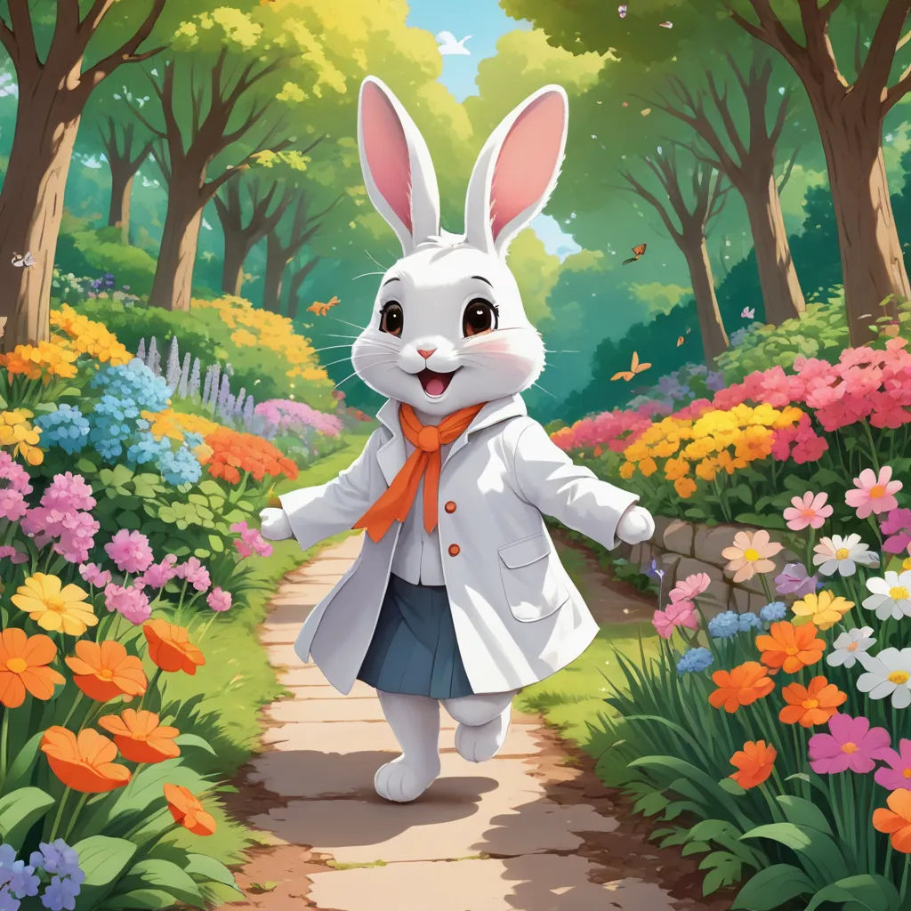 a cartoon bunny is walking through a garden with flowers and trees in the background, and a path leading to a park with flowers and trees, furry art, a storybook illustration, Beatrix Potter, official art
