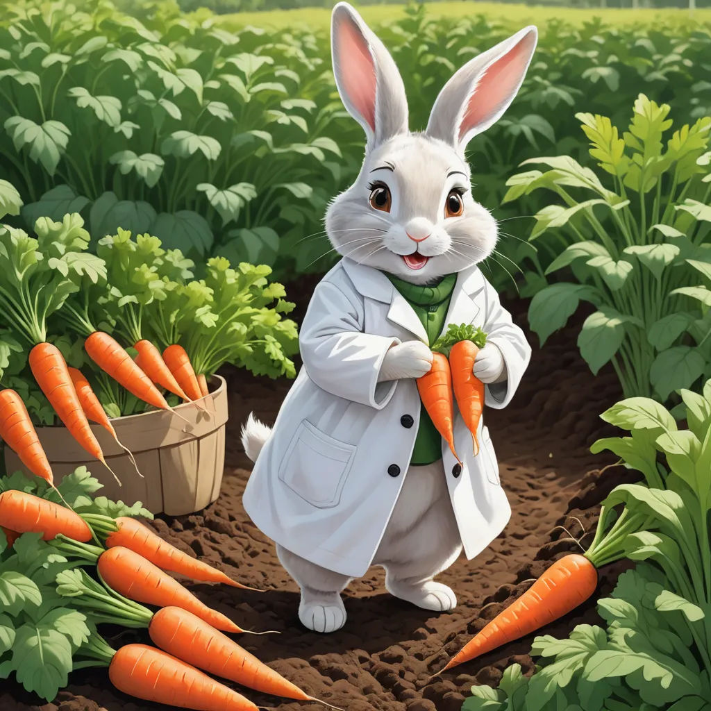 a painting of a rabbit holding carrots in a field of carrots with a basket of carrots in the background, furry art, a storybook illustration, Chris LaBrooy, official art