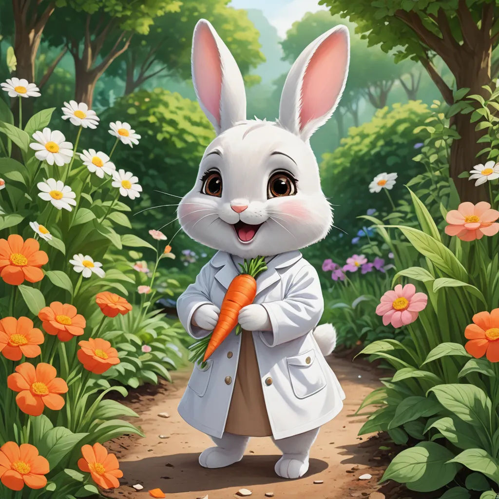 a rabbit is holding a carrot in a garden of flowers and trees, with a path leading to it, furry art, a character portrait, Chen Lin, official art