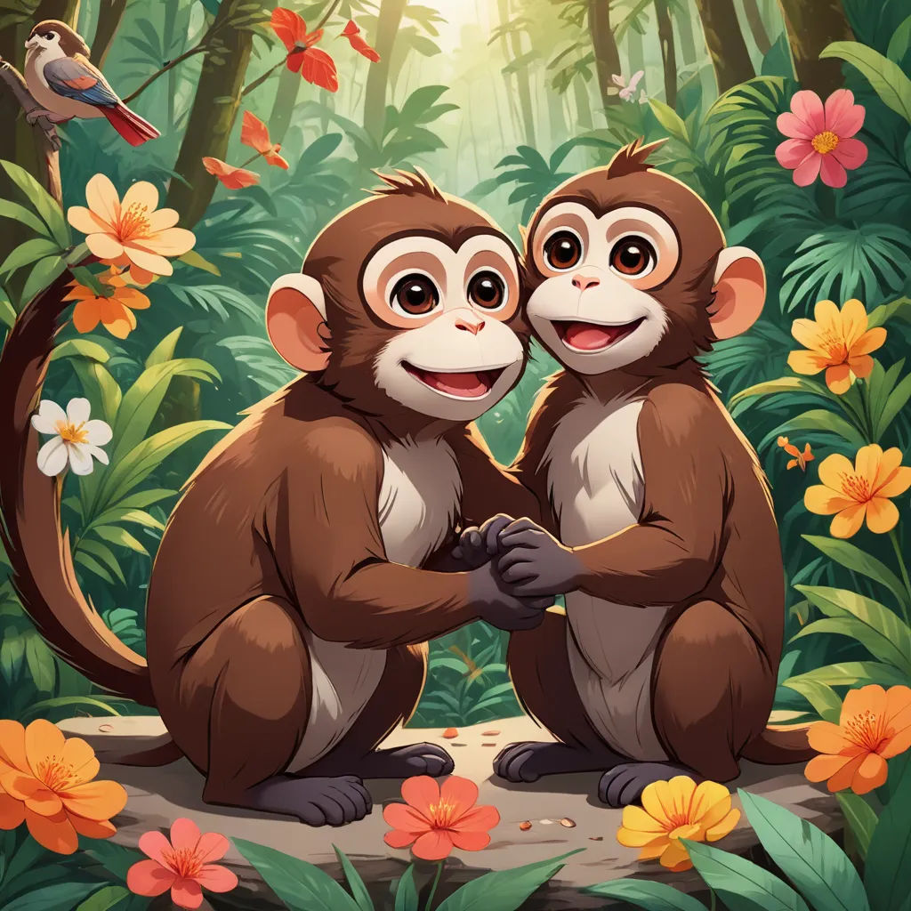 two monkeys sitting in the middle of a forest with flowers and birds around them, with a sunbeam in the background, sots art, a storybook illustration, Chris LaBrooy, official art