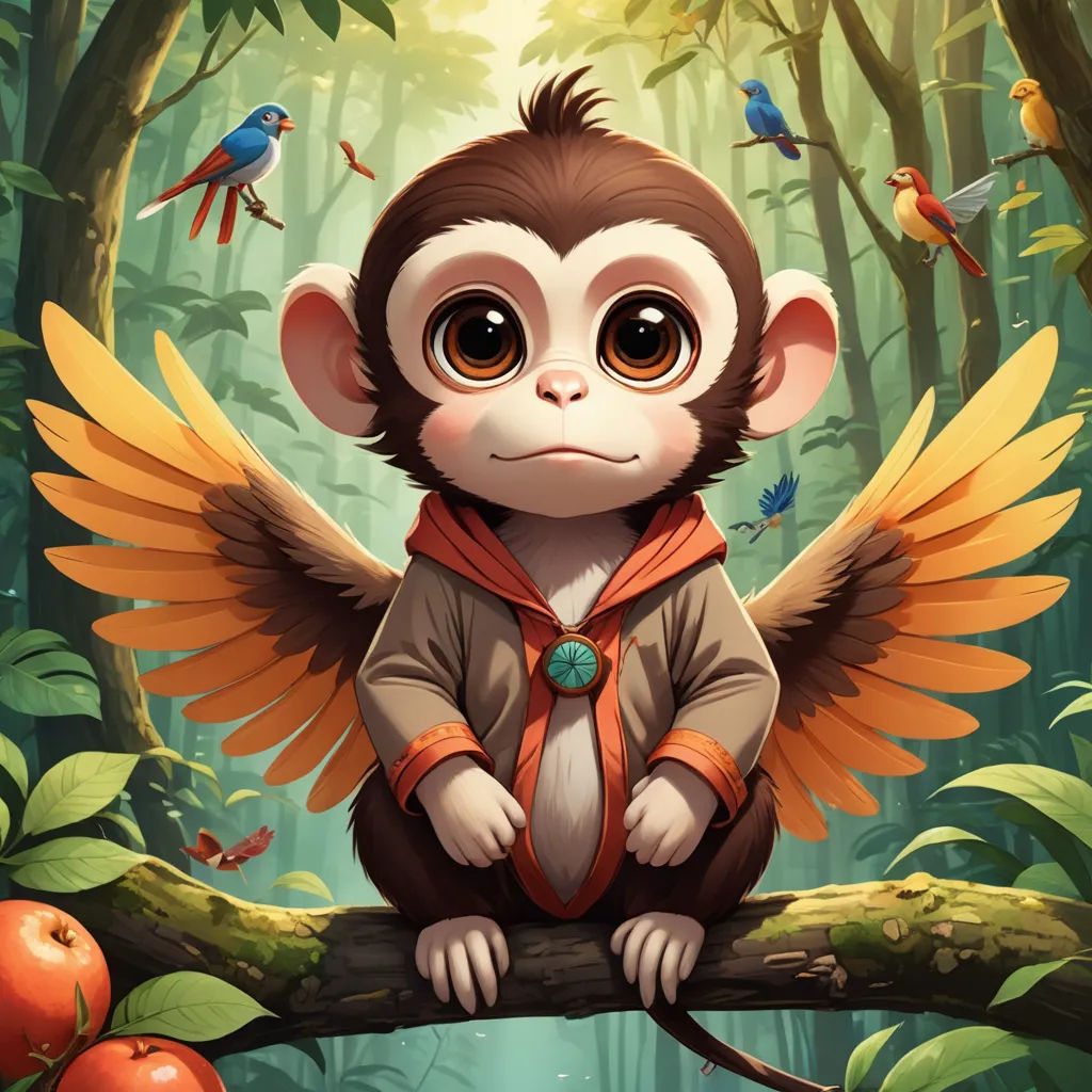 a monkey with wings sitting on a branch in the forest with apples and birds around it, with a background of trees and leaves, fantasy art, a digital painting, Diego Gisbert Llorens, highly detailed digital painting