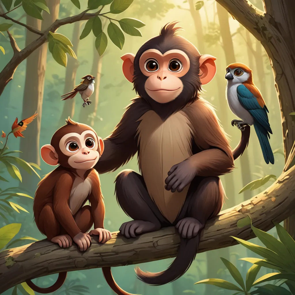 a monkey and a monkey sitting on a tree branch in a forest with birds flying around it and a bird on the branch, sots art, a storybook illustration, Diego Gisbert Llorens, cgstudio